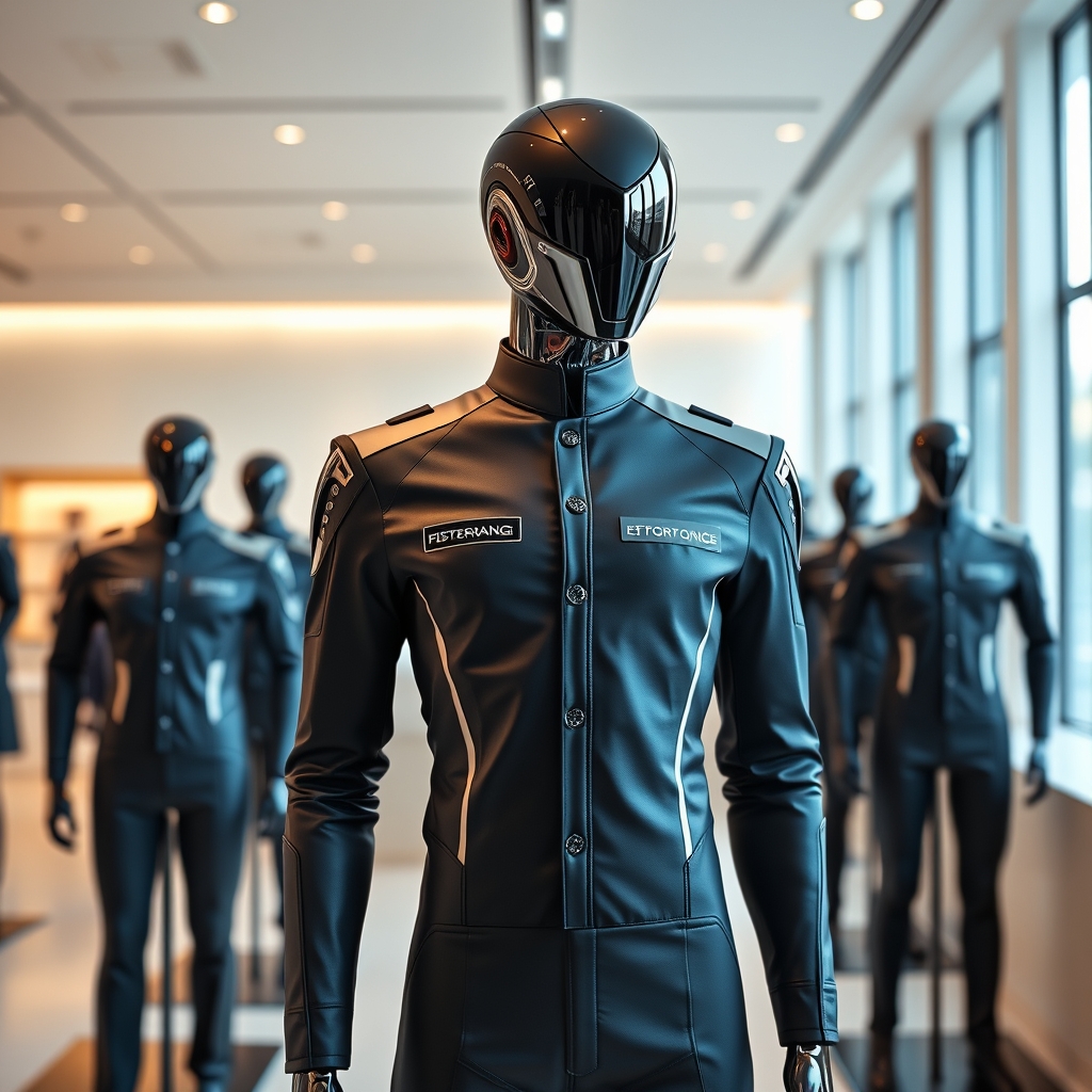 A sleek, futuristic uniform on a mannequin, with brand elements subtly integrated, displayed in a bright, minimalist showroom. The design is both professional and innovative.