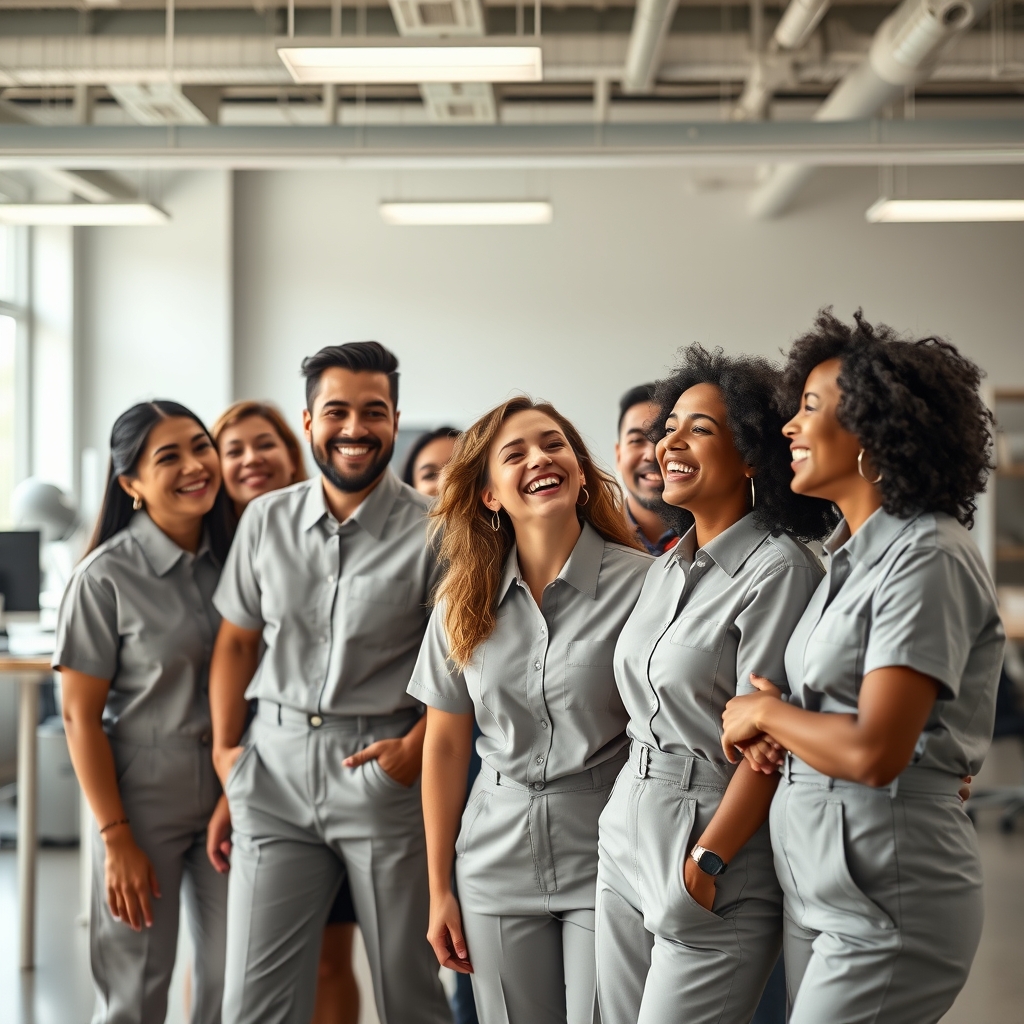 A joyful, diverse group of team members wearing the newly AI-designed uniforms in a real workplace setting, laughing and interacting, showcasing the uniform's fit and style in action.