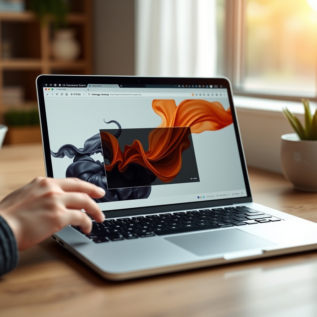 A sleek, modern laptop screen showing a website where a video of flowing ink changes dynamically as a user scrolls down with their finger.