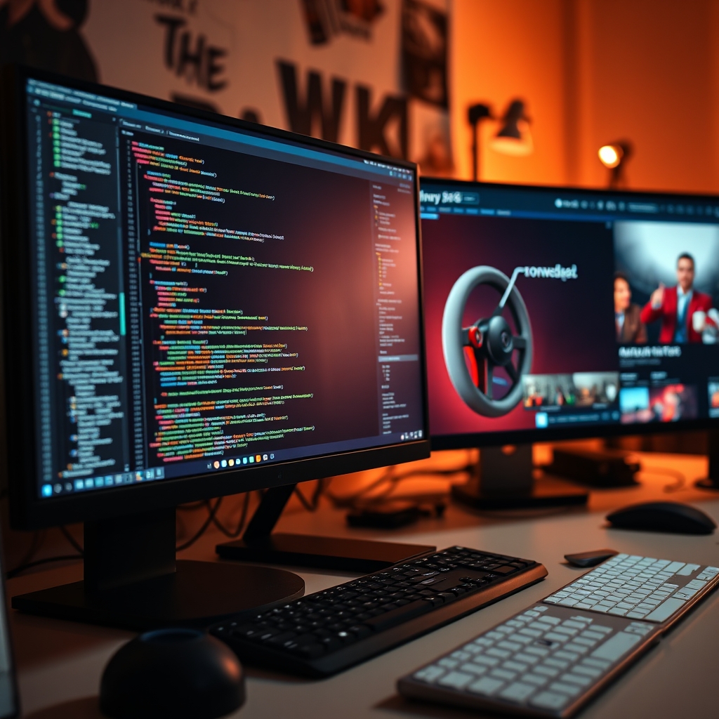 A close-up of a designer's desk with code editor on one screen and a website with interactive video elements reacting to scroll wheel movement on the other.