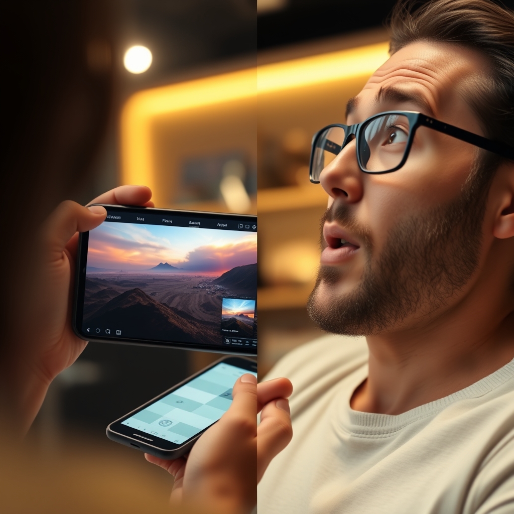 A split-view showing a user's fascinated expression as they scroll through a stunning website with immersive video backgrounds on a mobile device.