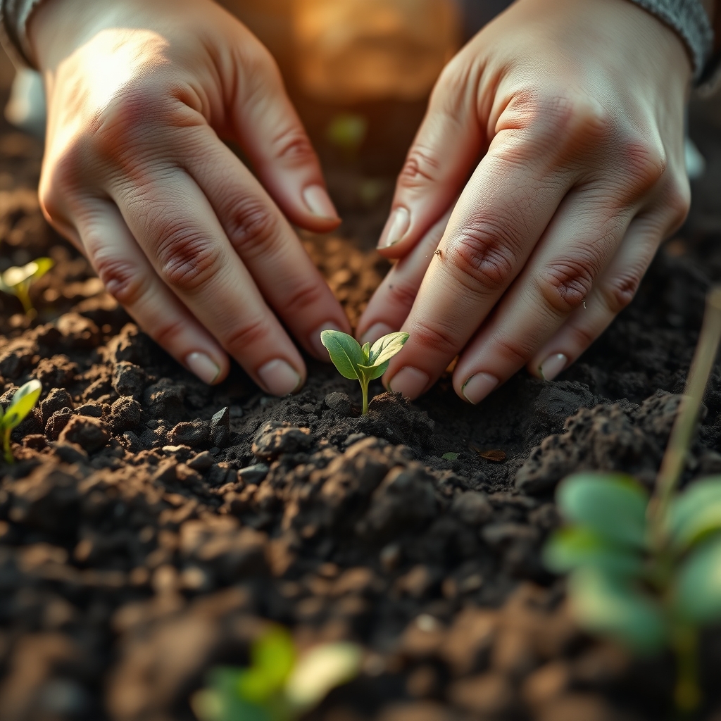 A close-up of hands planting a small seed in rich soil, with soft morning light filtering through, symbolizing the beginning of growth.