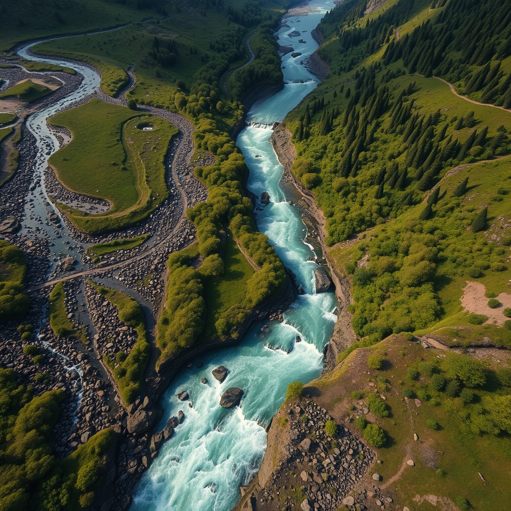 A serene aerial view of countless small streams converging into a mighty river, flowing through a lush valley, representing accumulation and momentum.