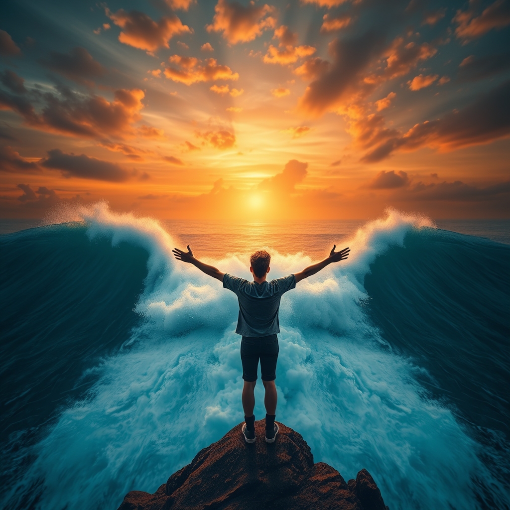 A person standing on a cliff, arms open wide towards a vast, powerful ocean wave under a dramatic sunset sky, embodying empowerment and the culmination of small efforts.