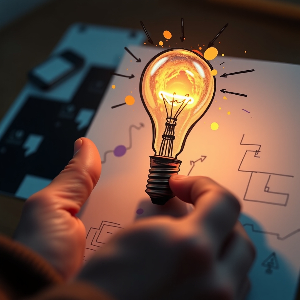 A close-up of a hand sketching vibrant, glowing light bulb ideas on a paper, with abstract shapes and colors floating out of it.