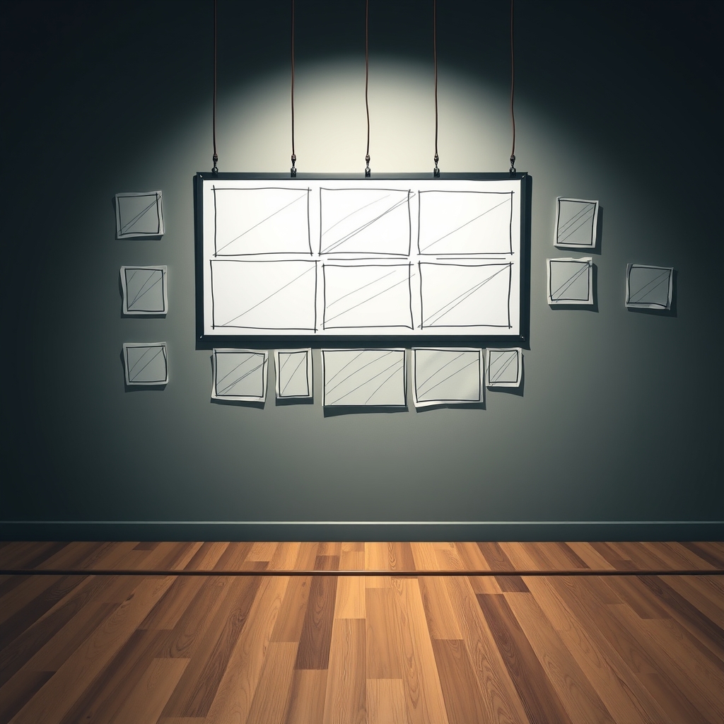 A storyboard coming to life, with hand-drawn frames on a wall connected by strings, showing the progression from sketch to digital screen.