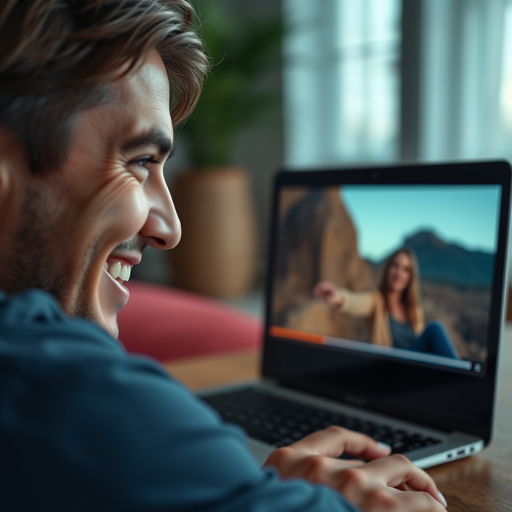 A person smiling while watching the final rendered video on a laptop screen, the reflection of the video playing in their eyes.