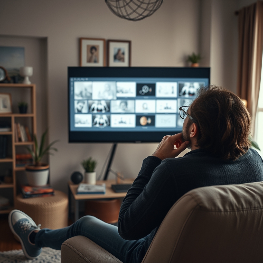 A person thoughtfully looking at a storyboard with video sketches on a large monitor, in a cozy, modern home office.