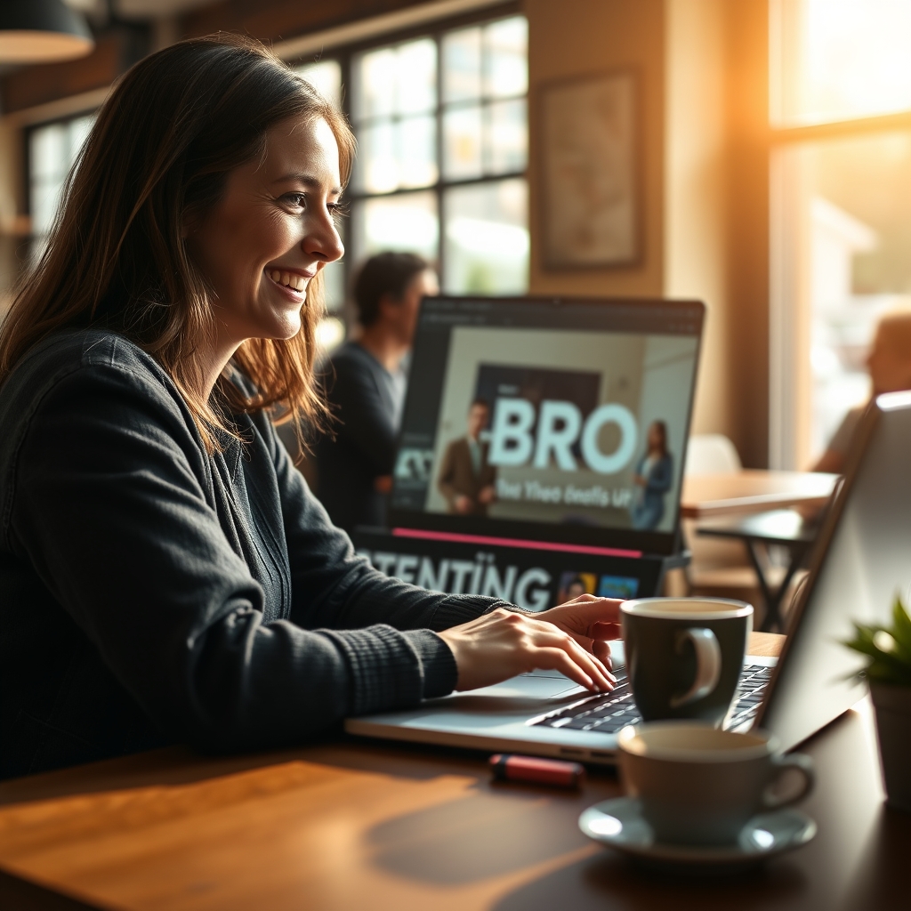 A visitor smiling while watching a website's hero video on a laptop, with a cup of coffee beside them, in a sunlit cafe.