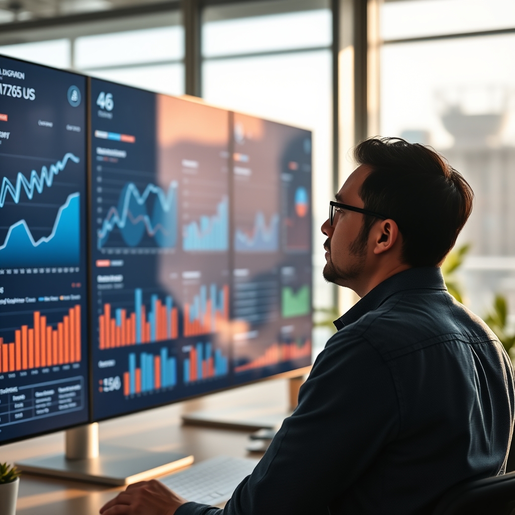 A marketer looking thoughtfully at a large, beautiful data visualization dashboard with flowing graphs and charts, in a modern office with soft morning light.