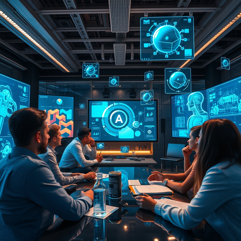 A creative team brainstorming in a futuristic workspace, with holographic screens and AI-generated concept images floating around them, capturing the synergy of human creativity and technology.