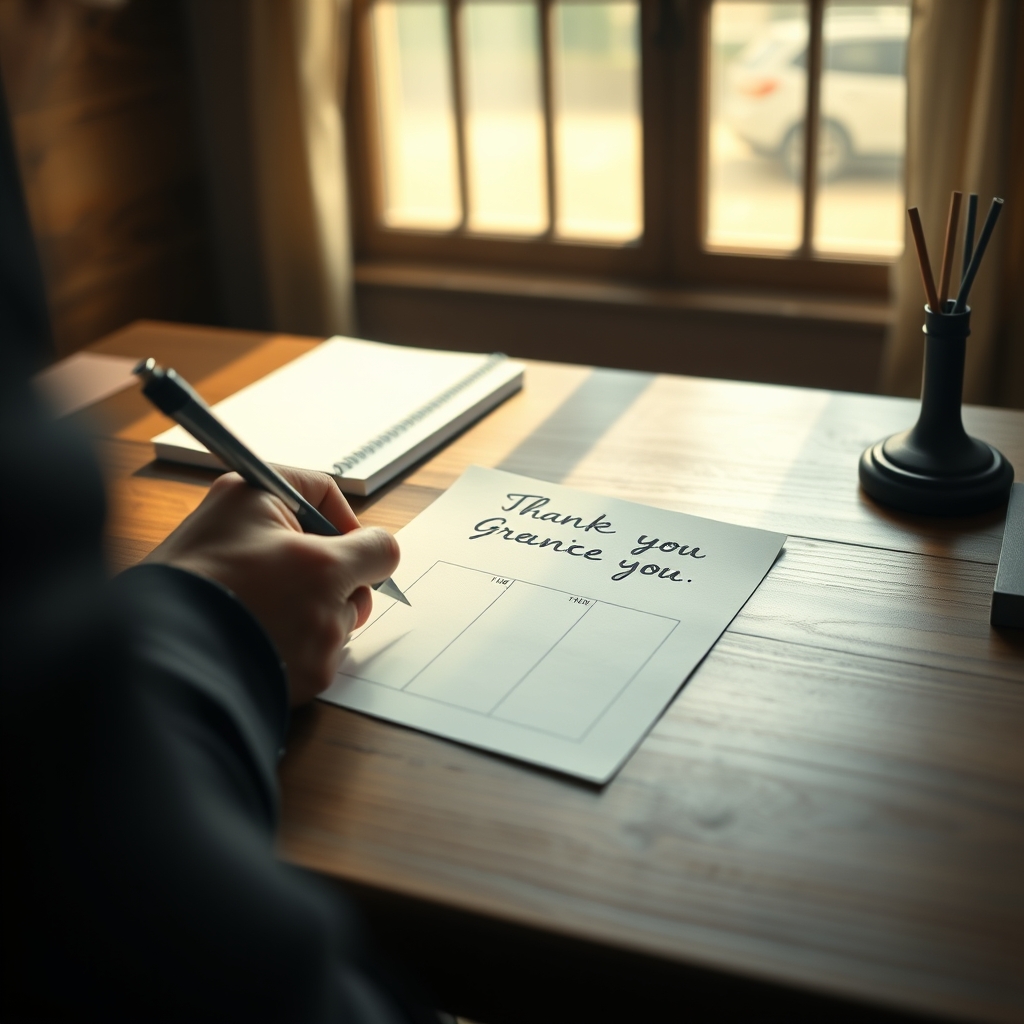 A quiet, intimate scene of a person hand-writing a sincere thank-you note at a wooden desk, with soft morning light streaming in.