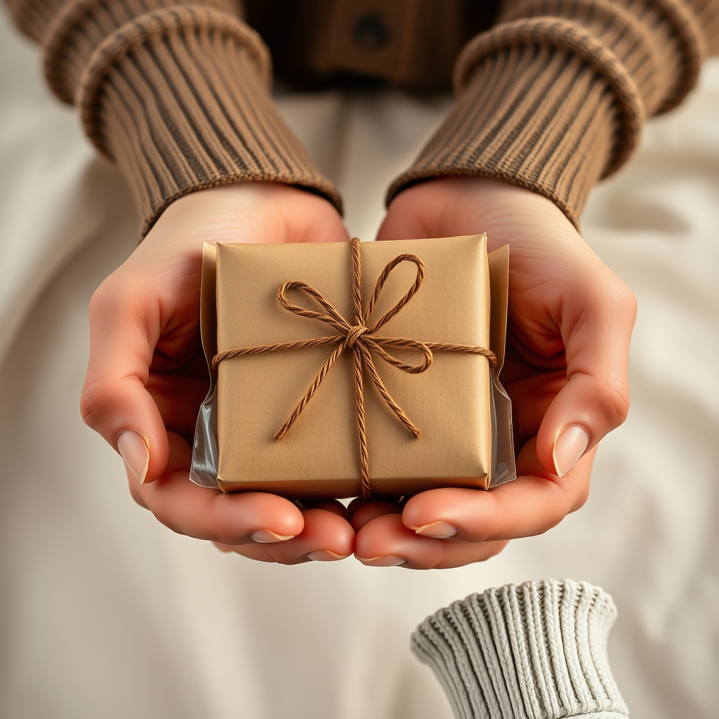 A close-up of two hands gently holding a beautifully packaged, thoughtful product against a soft, neutral background, conveying care and attention to detail.