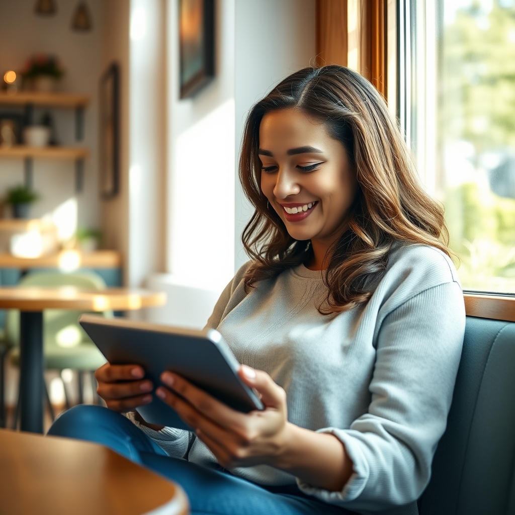 A serene, wide shot of a person smiling softly while reading a heartfelt brand message on a tablet, sitting in a cozy, sunlit cafe corner, evoking a feeling of connection and peace.