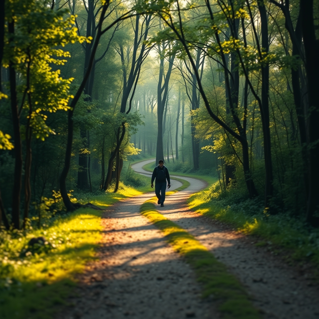 A winding forest path in soft morning light, with a single traveler walking calmly, not running, surrounded by lush greenery.