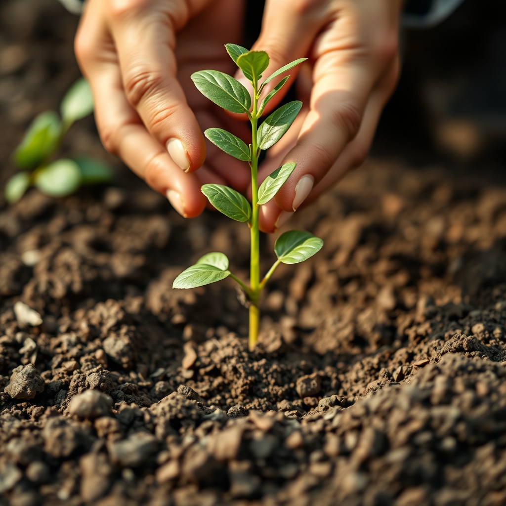 A close-up of hands planting a young sapling in rich soil, with care and patience, symbolizing growth at one's own pace.