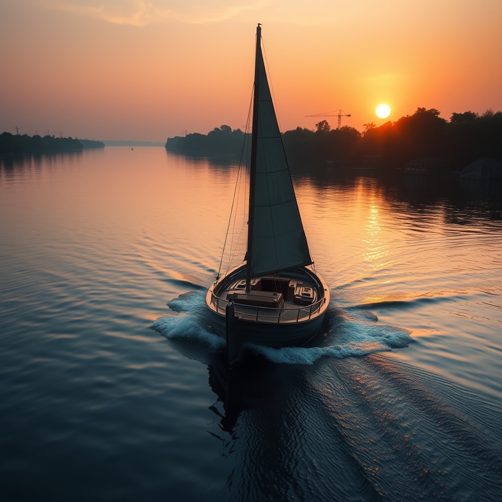 A serene scene of a small, uniquely designed boat sailing on a calm river at sunset, moving steadily towards the horizon, not in a race.