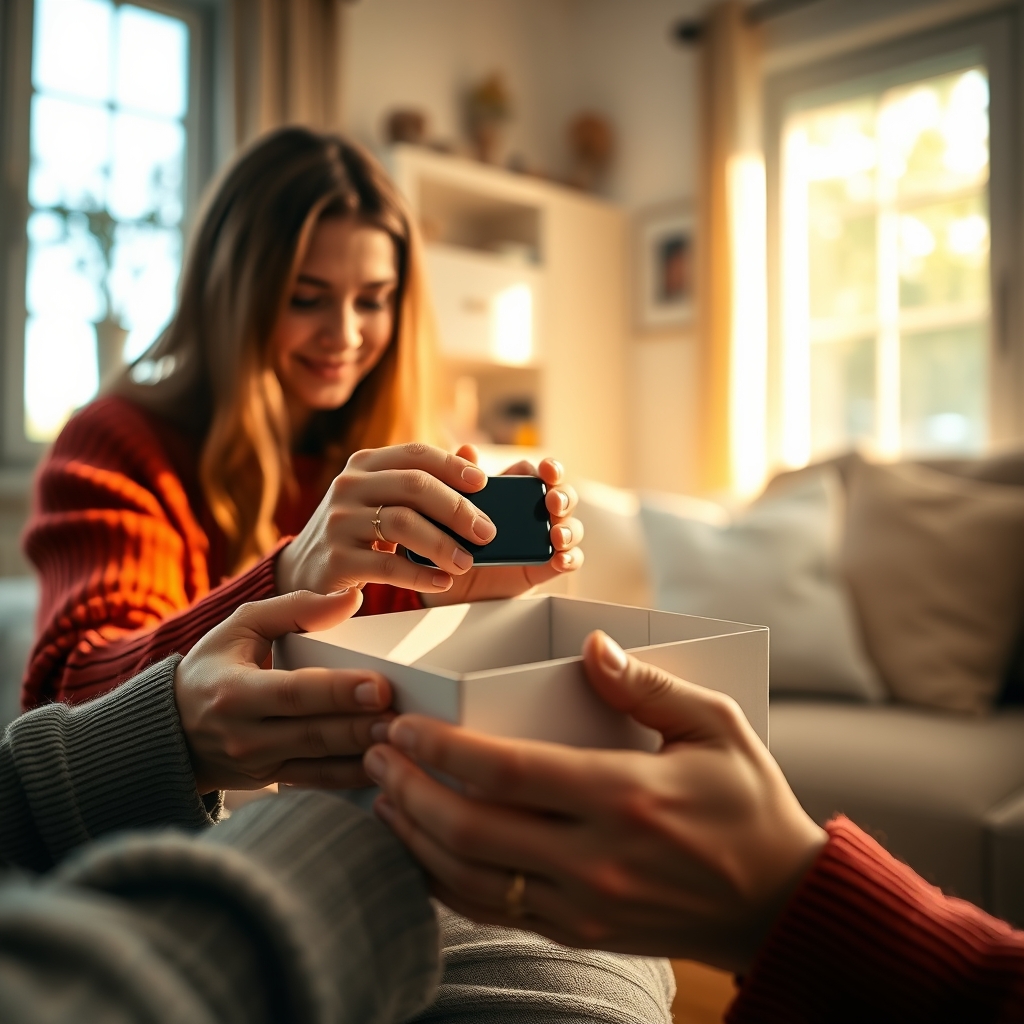 A warm, intimate scene of hands unboxing and gently interacting with the new product in a cozy, sunlit home environment, focusing on the emotional reaction and seamless integration into daily life.