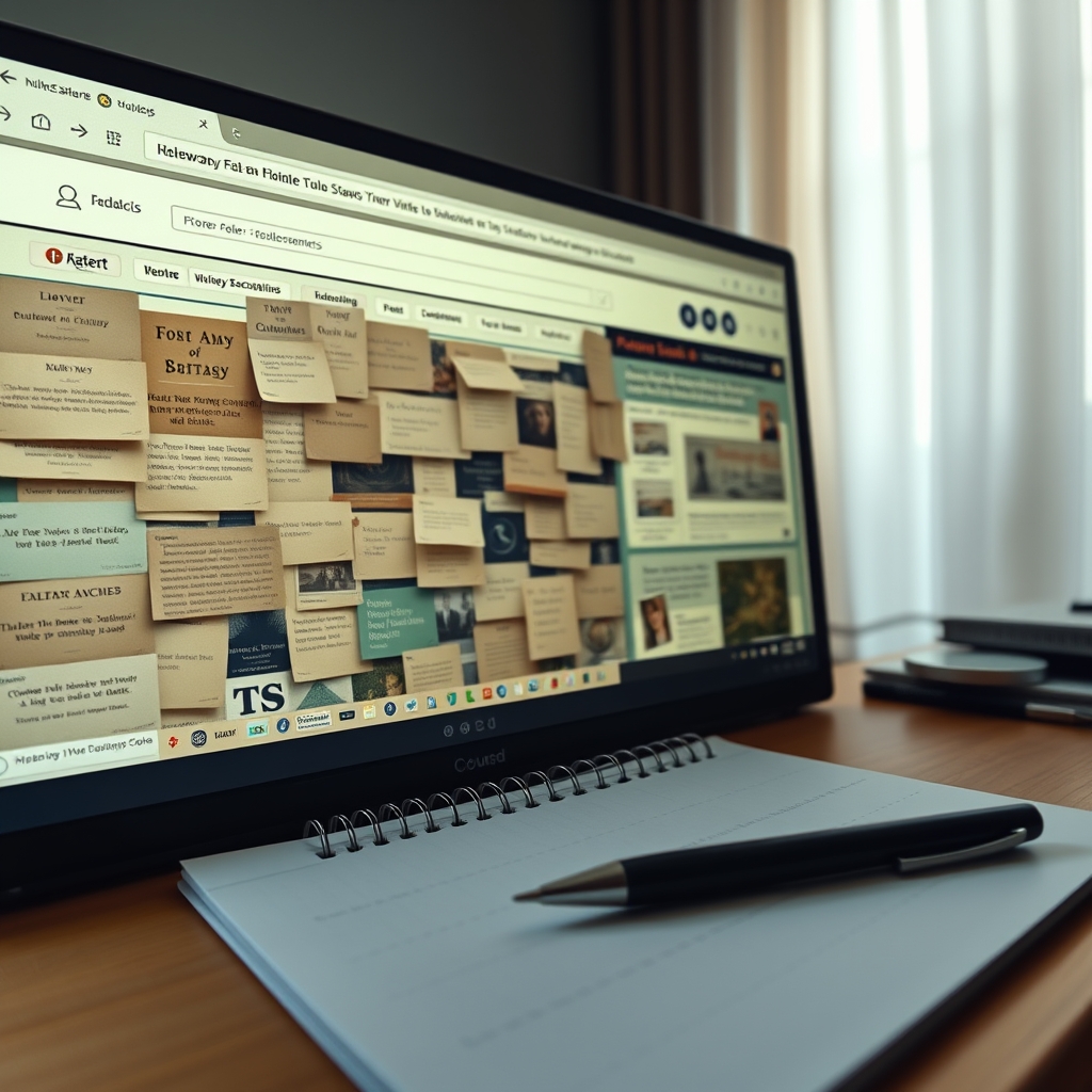 A cluttered, old-fashioned website desktop screen with many outdated elements, next to a clean, minimalist notepad with a pen.