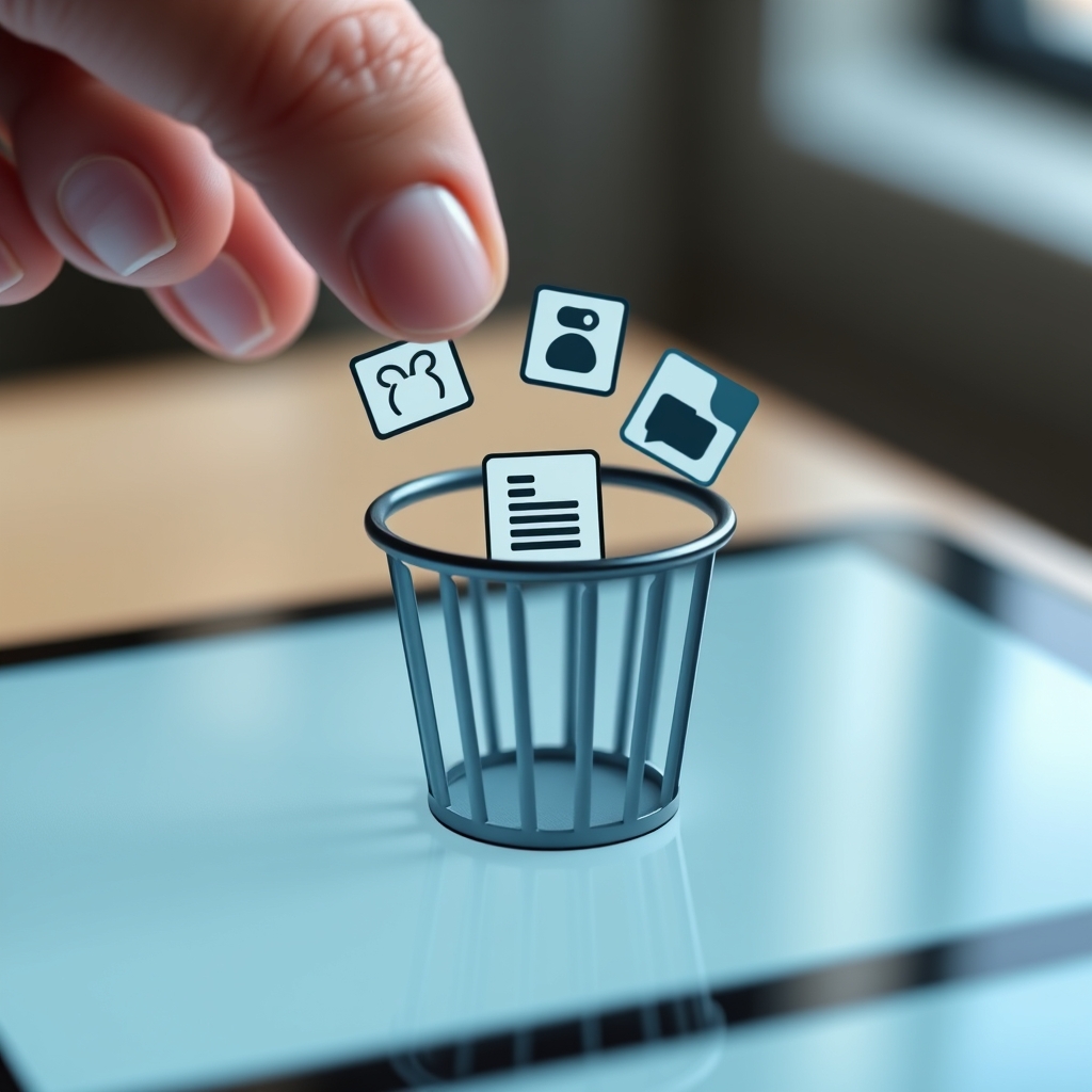 A hand dragging outdated website icons (like old social media logos, a broken link chain, a dusty document) into a digital trash bin on a sleek tablet screen.