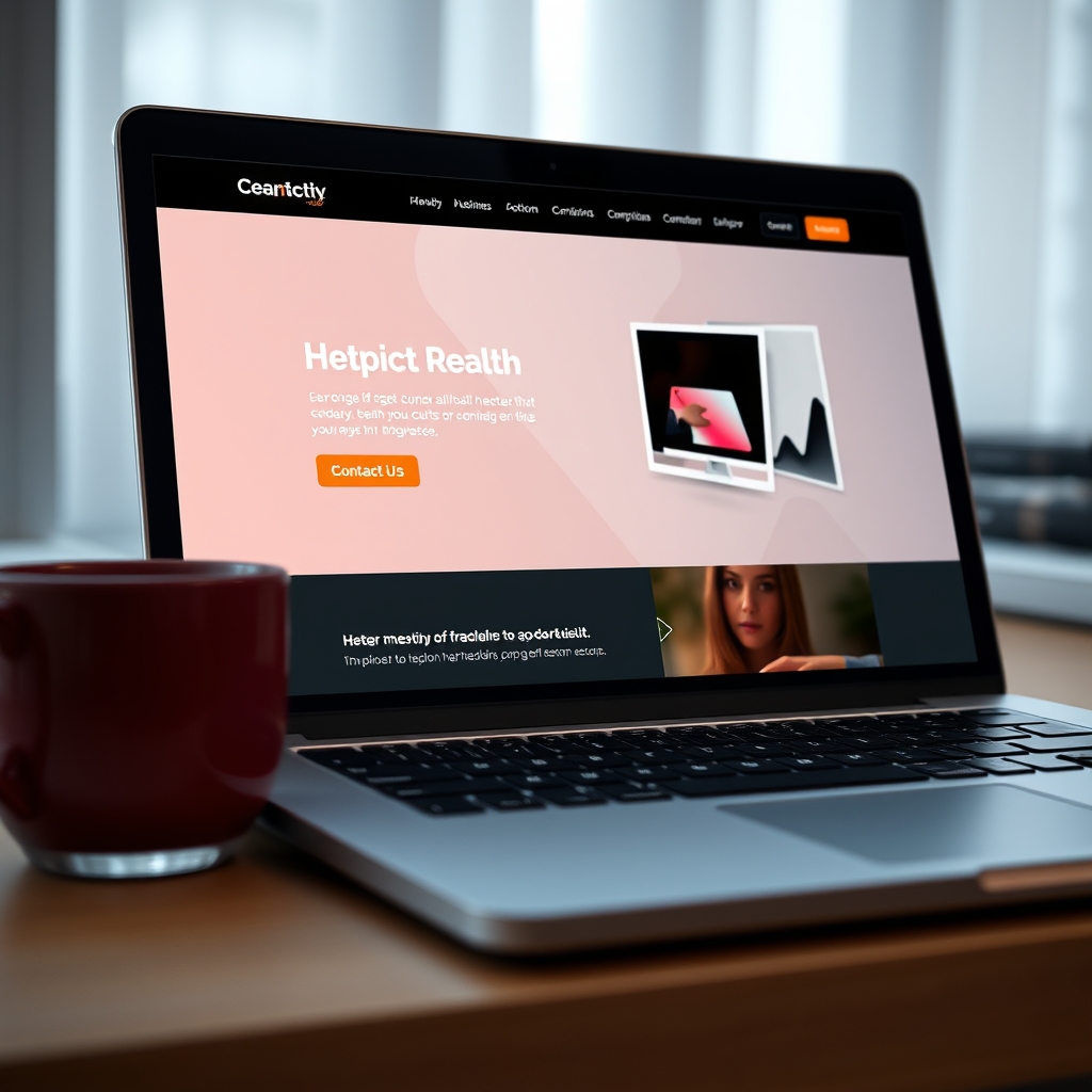A modern, sleek website homepage on a laptop, featuring a clear headline, a vibrant hero image, and a prominent, glowing 'Contact Us' button. A cup of coffee sits beside the laptop.