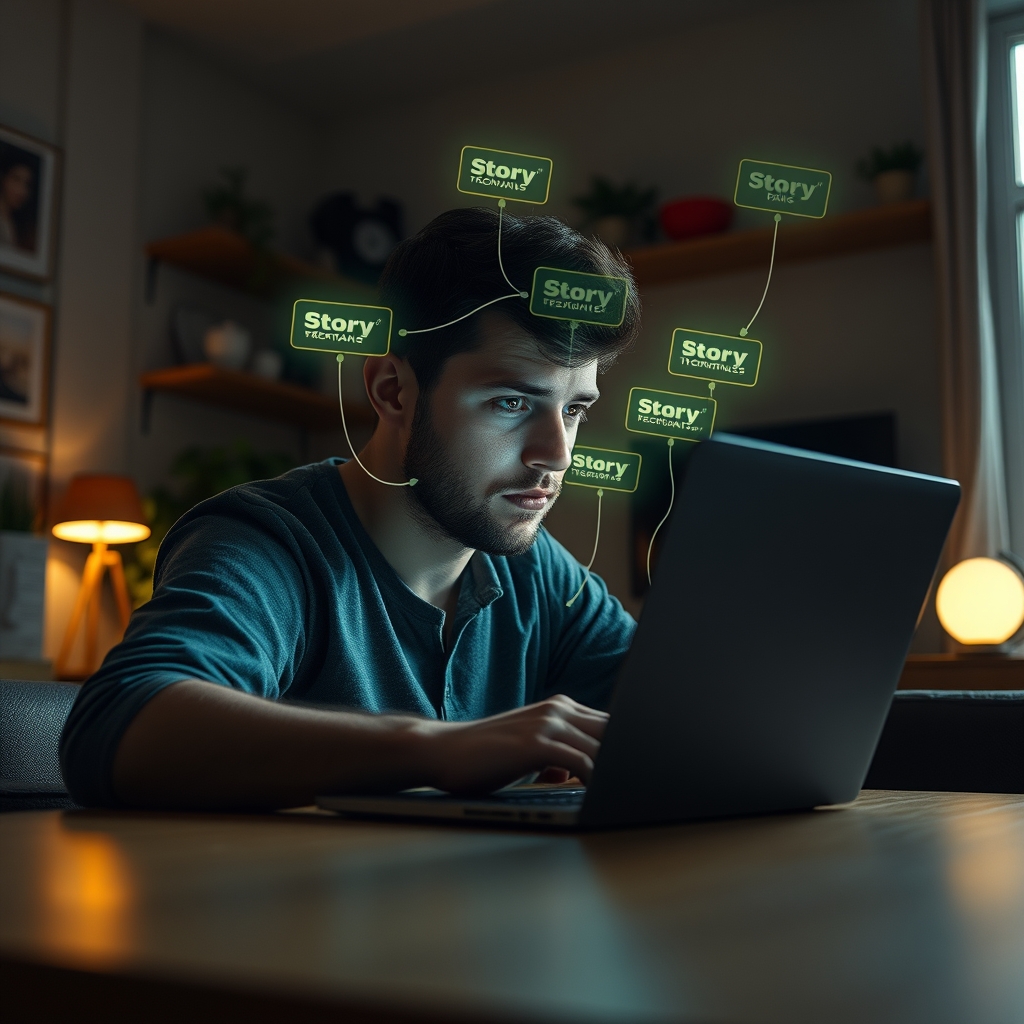 A person looking thoughtfully at multiple glowing story threads emanating from a laptop screen, in a cozy modern workspace.