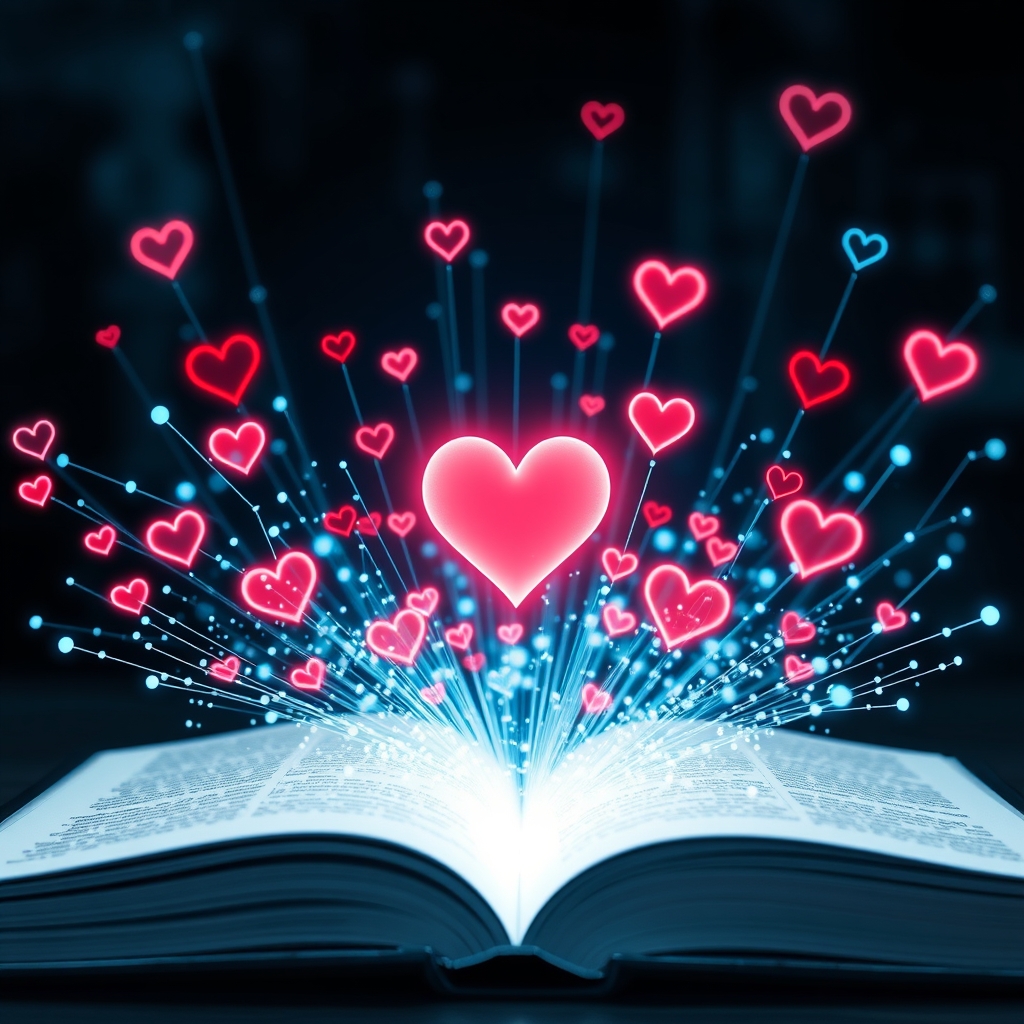 A visual representation of data points and heart symbols flowing into a crystal-clear brand storybook, symbolizing AI analysis.
