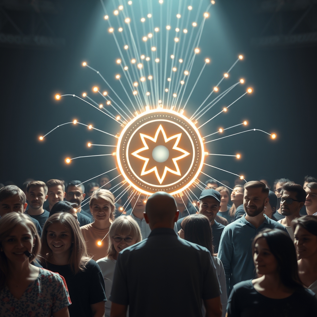 A diverse group of people connected by glowing lines to a central brand symbol, representing community and deep connection.