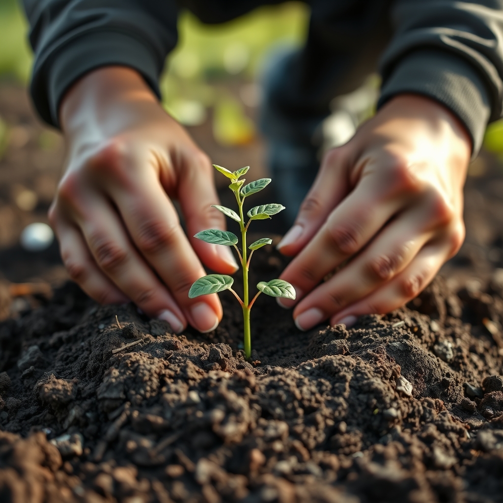 A close-up of a person's hands carefully planting a small seedling in rich soil, with soft morning light filtering through.