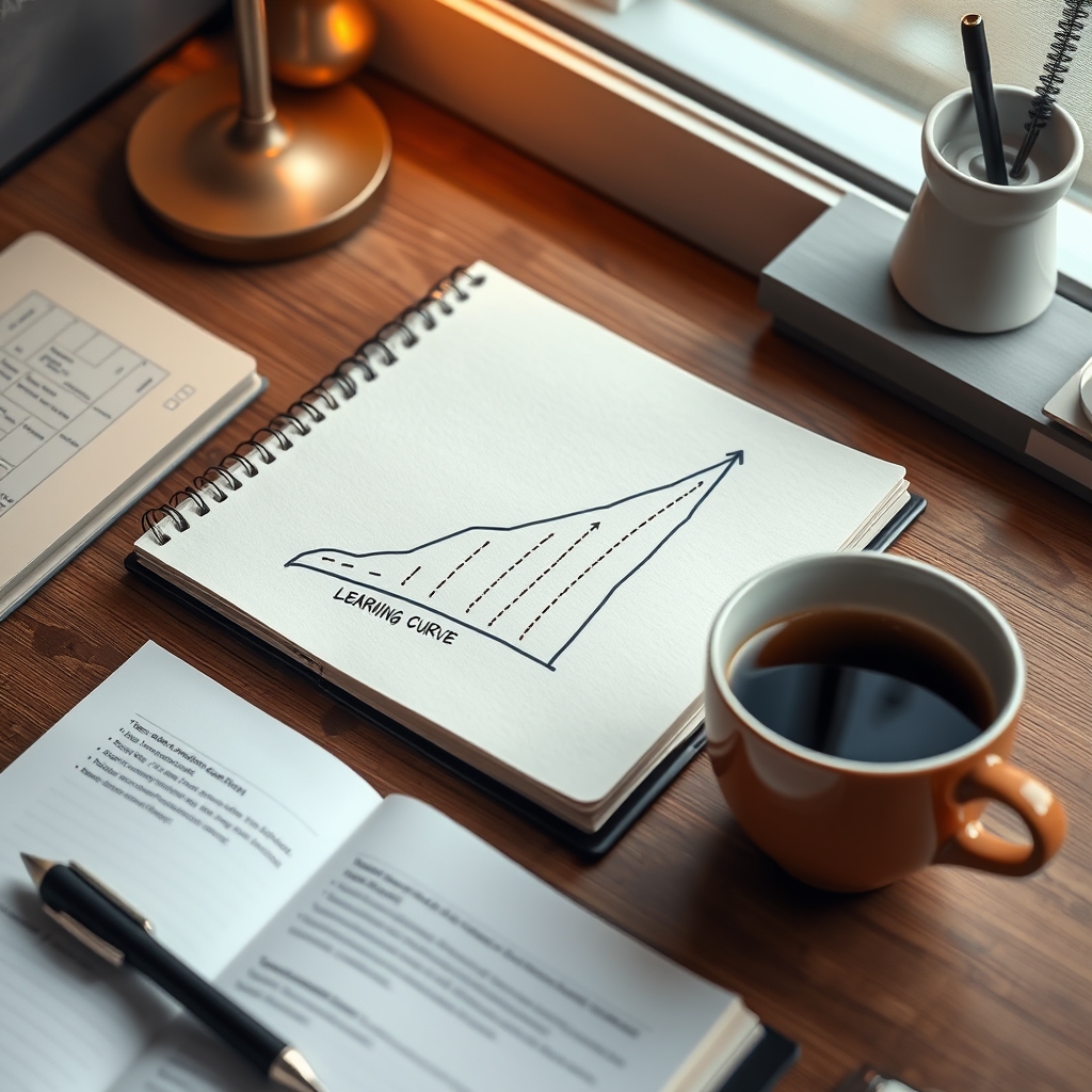 A cozy desk with an open notebook showing a hand-drawn learning curve graph that peaks upwards, next to a warm cup of coffee.