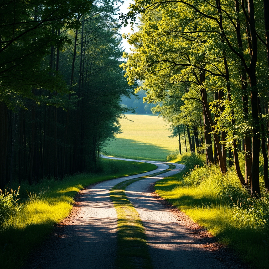 A winding path through a serene forest, leading towards a bright, open field filled with sunlight, symbolizing the journey.