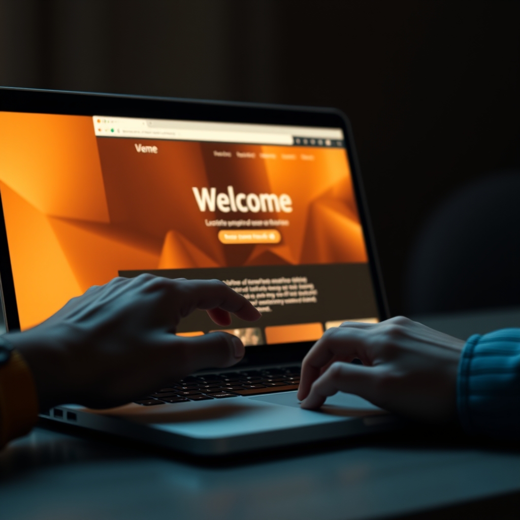 A person's hand gently touching a laptop screen where a warm, welcoming website is displayed, with soft light emanating from it.