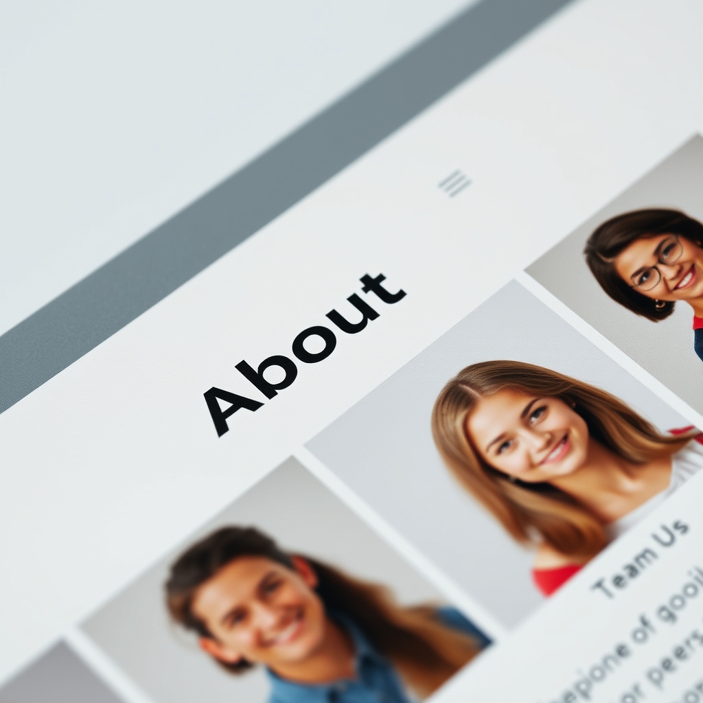 A close-up of a website's 'About Us' section showing friendly team photos and sincere, handwritten-style typography.