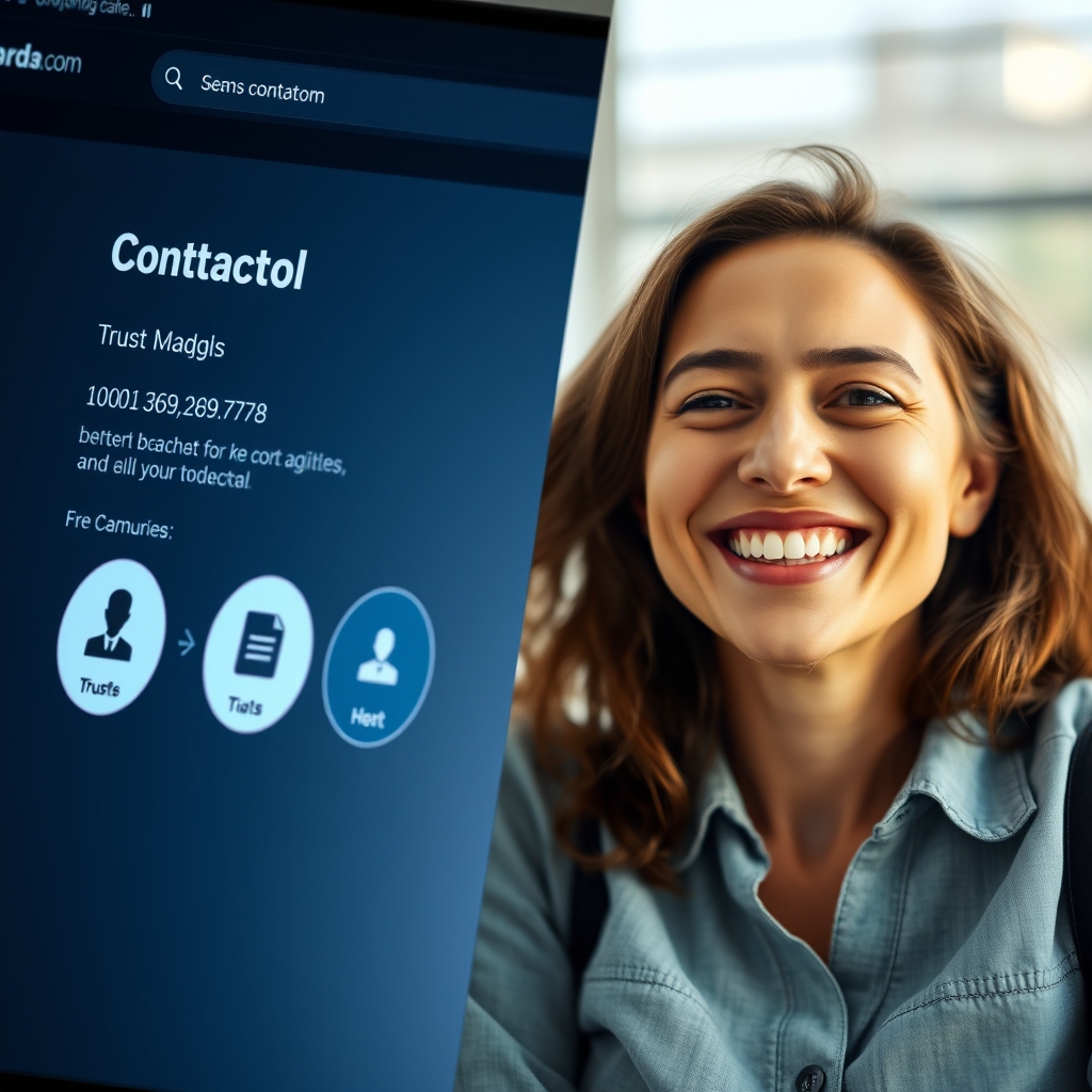 A split-screen image showing one side with clear contact details and trust badges on a website, and the other side showing a relaxed user smiling.