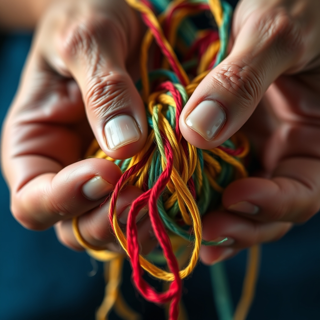 A close-up of hands gently untangling a complex knot of colorful threads, with one single, vibrant red thread leading out of the frame, cinematic lighting.