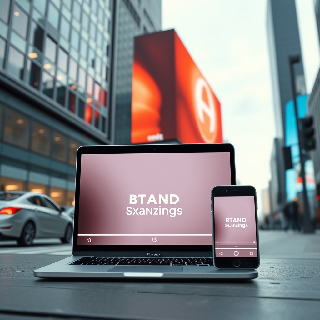 A sleek, minimalist brand video being displayed simultaneously on a laptop screen, a smartphone, and a large digital billboard in an urban setting, symbolizing multi-channel harmony.