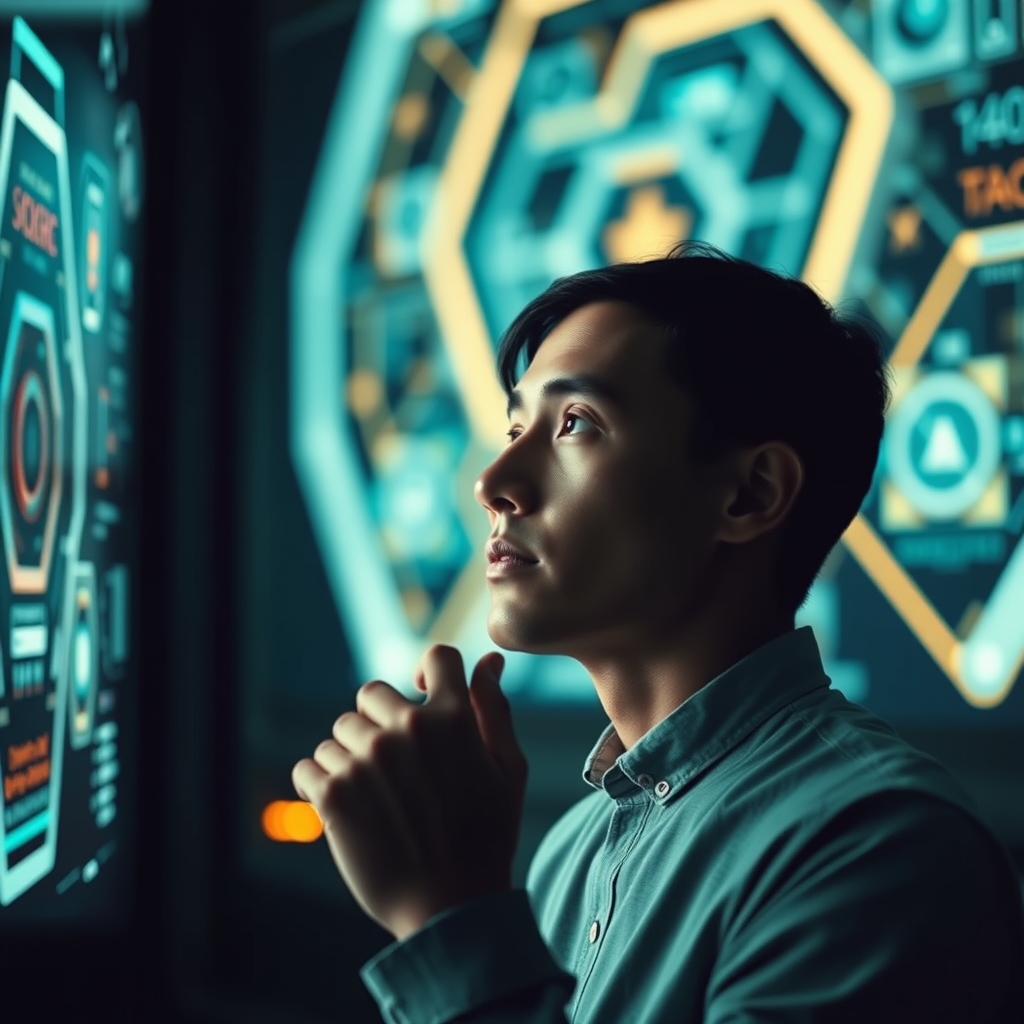 A marketer looking thoughtfully at a futuristic, glowing AI interface, with soft light on their face, symbolizing contemplation and possibility.