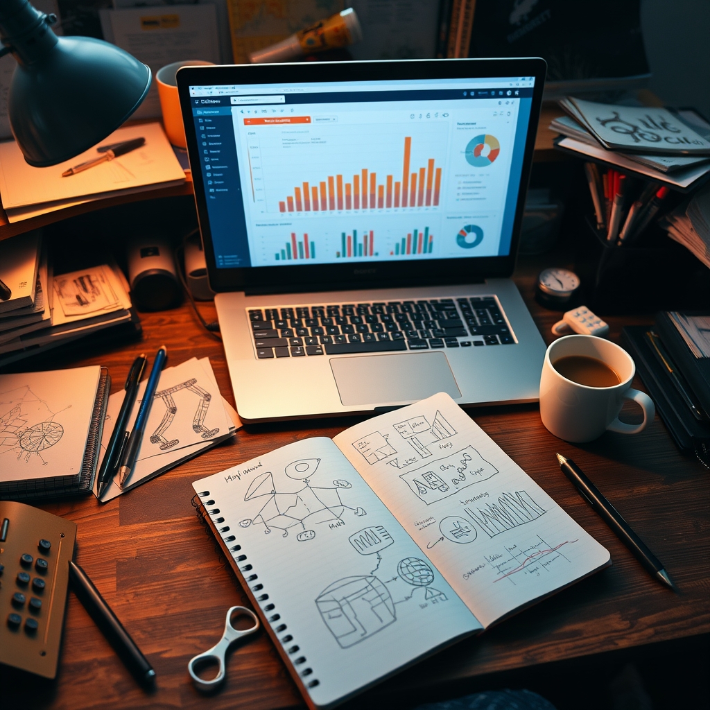 A cluttered, creative desk with a laptop showing AI analytics, a notebook with hand-drawn ideas, and a cup of coffee, blending analog and digital.