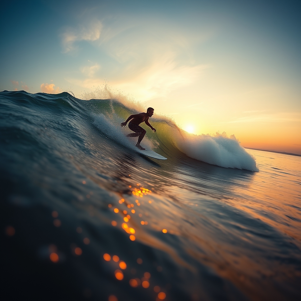 A serene scene of a surfer gracefully riding a wave at sunset, metaphorically representing balancing technology and human insight.