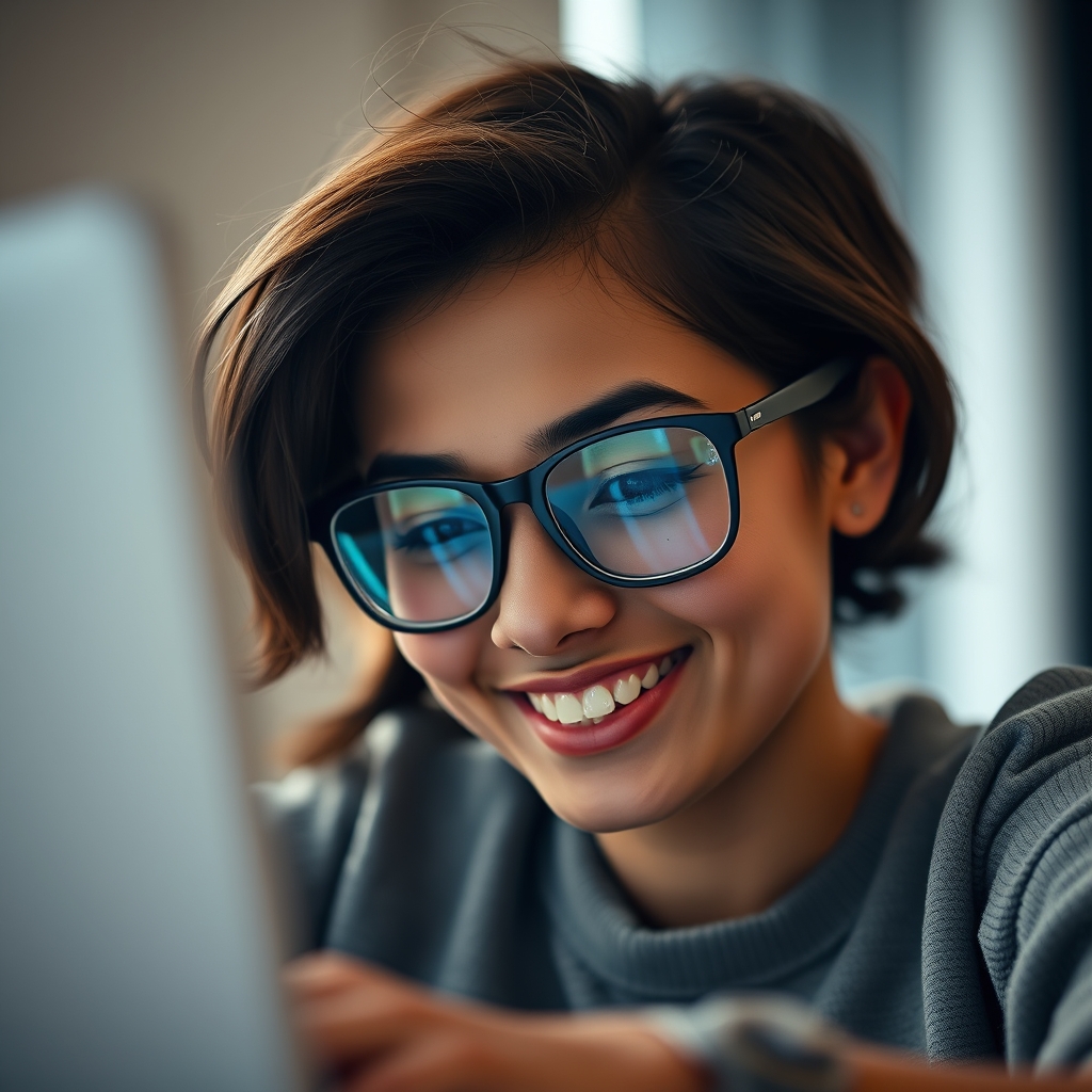 A close-up of a person smiling softly at their laptop screen, with the website's distinctive visual style reflected in their glasses.