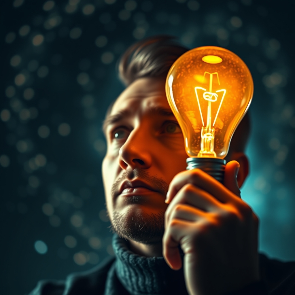 A creative person looking thoughtfully at a glowing light bulb, surrounded by faint, swirling digital particles representing ideas.