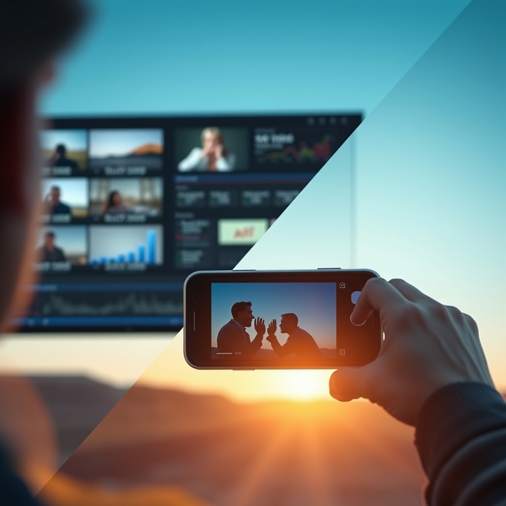 A split-screen image showing on one side raw video clips and data graphs, and on the other side a final, emotionally engaging video story playing on a smartphone screen.