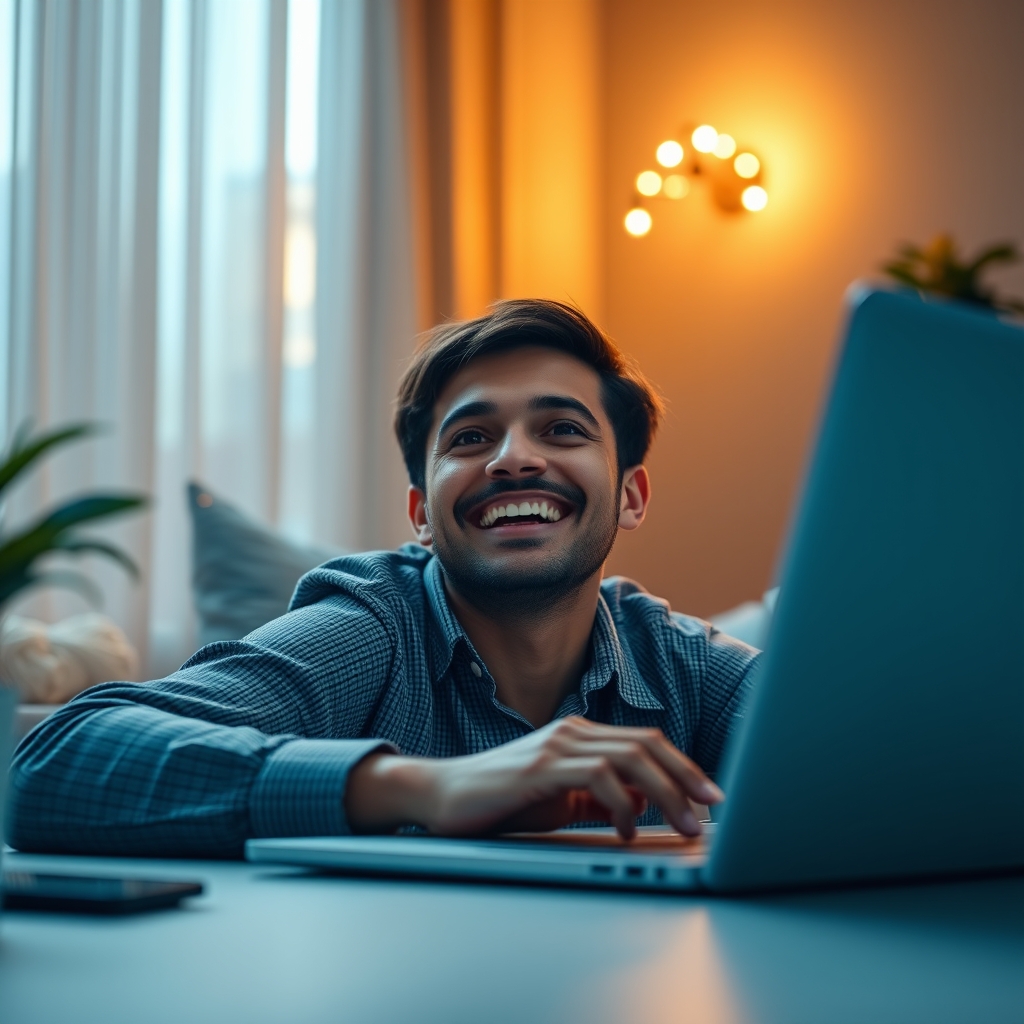 A person smiling while watching positive comments and engagement metrics rising on a laptop, with a warm, uplifting glow in the background.