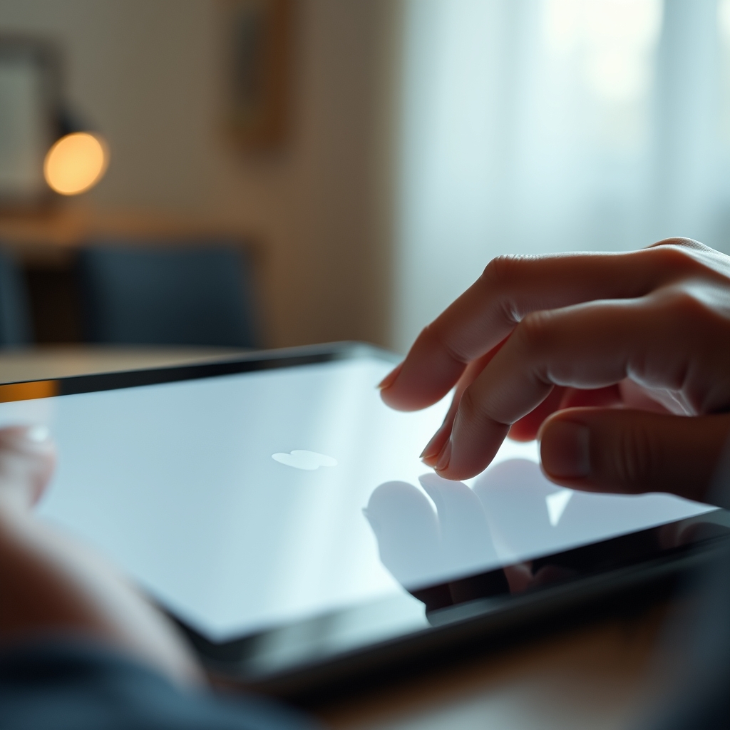 A close-up of a person's hand gently touching a tablet screen, where a minimalist brand video is playing with soft light reflections.