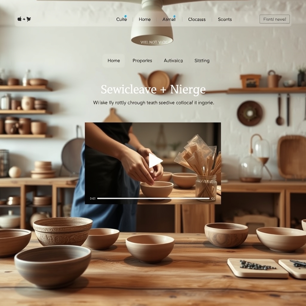 A wide shot of a cozy, well-designed homepage layout with an autoplaying hero video showing slow-motion scenes of craftsmanship, like hands making pottery.