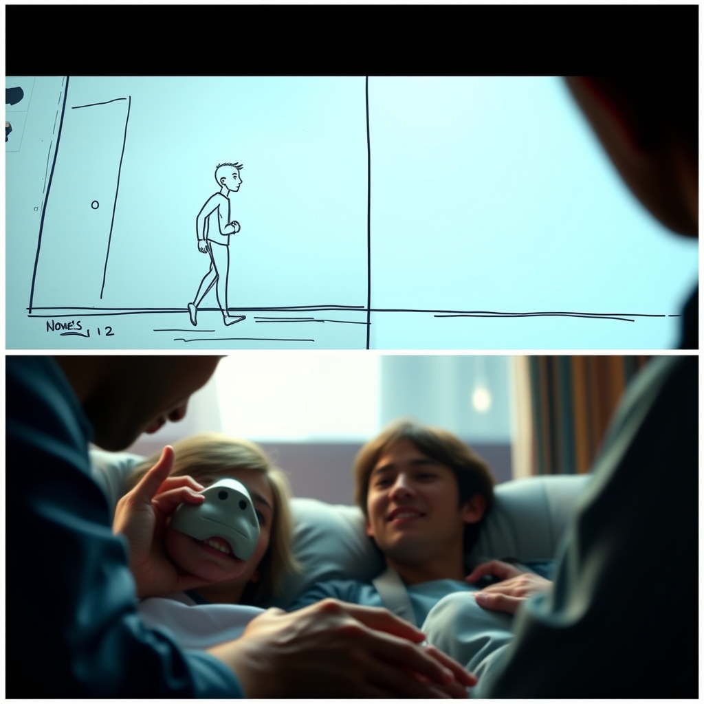 A split-screen image showing a storyboard sketch on one side and the final rendered video frame on the other, depicting the same emotional moment.