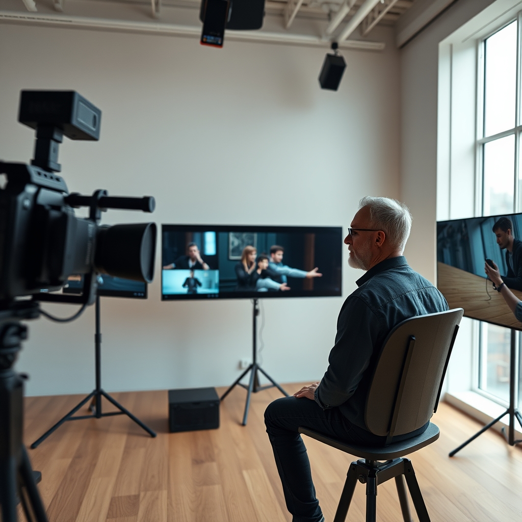 A minimalist studio with a director looking thoughtfully at multiple screens showing different visual styles - cinematic, animated, and documentary.