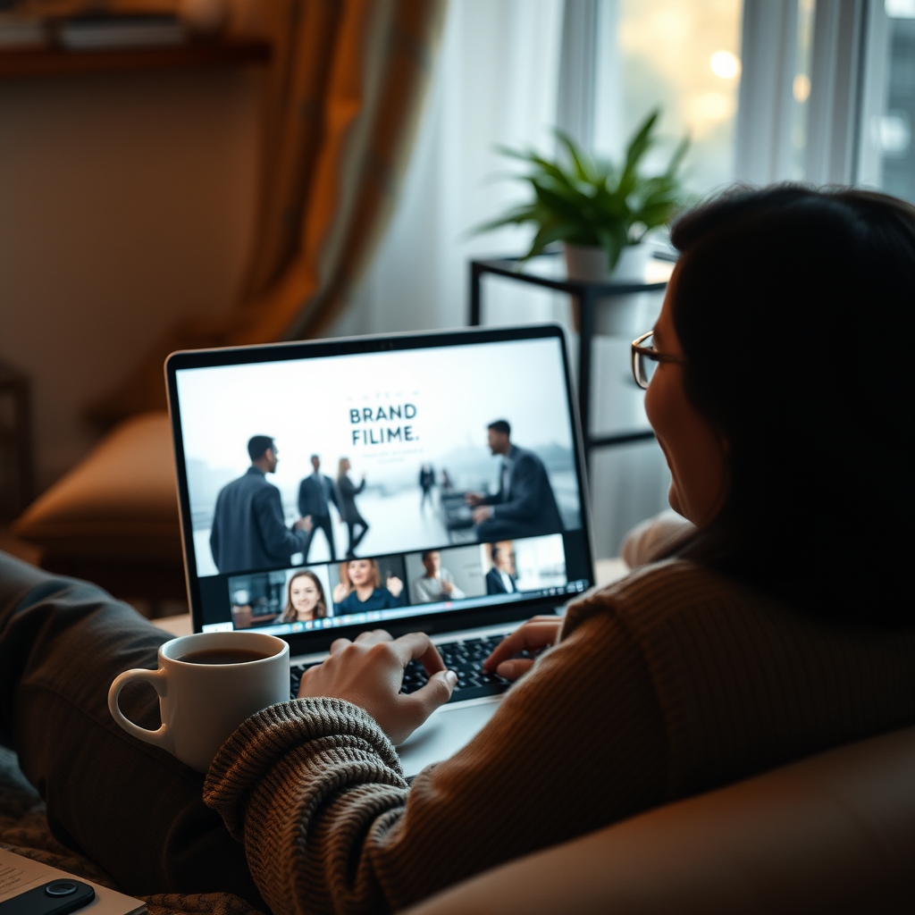 A cozy scene of someone watching a brand film on a laptop, smiling, with a cup of coffee nearby, embodying the emotional connection created.