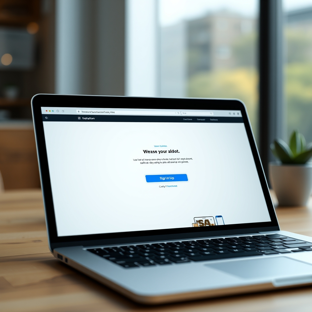 A sleek, modern website homepage on a laptop screen, with a subtle animated arrow pointing towards a 'Sign Up' button, surrounded by a soft glow.