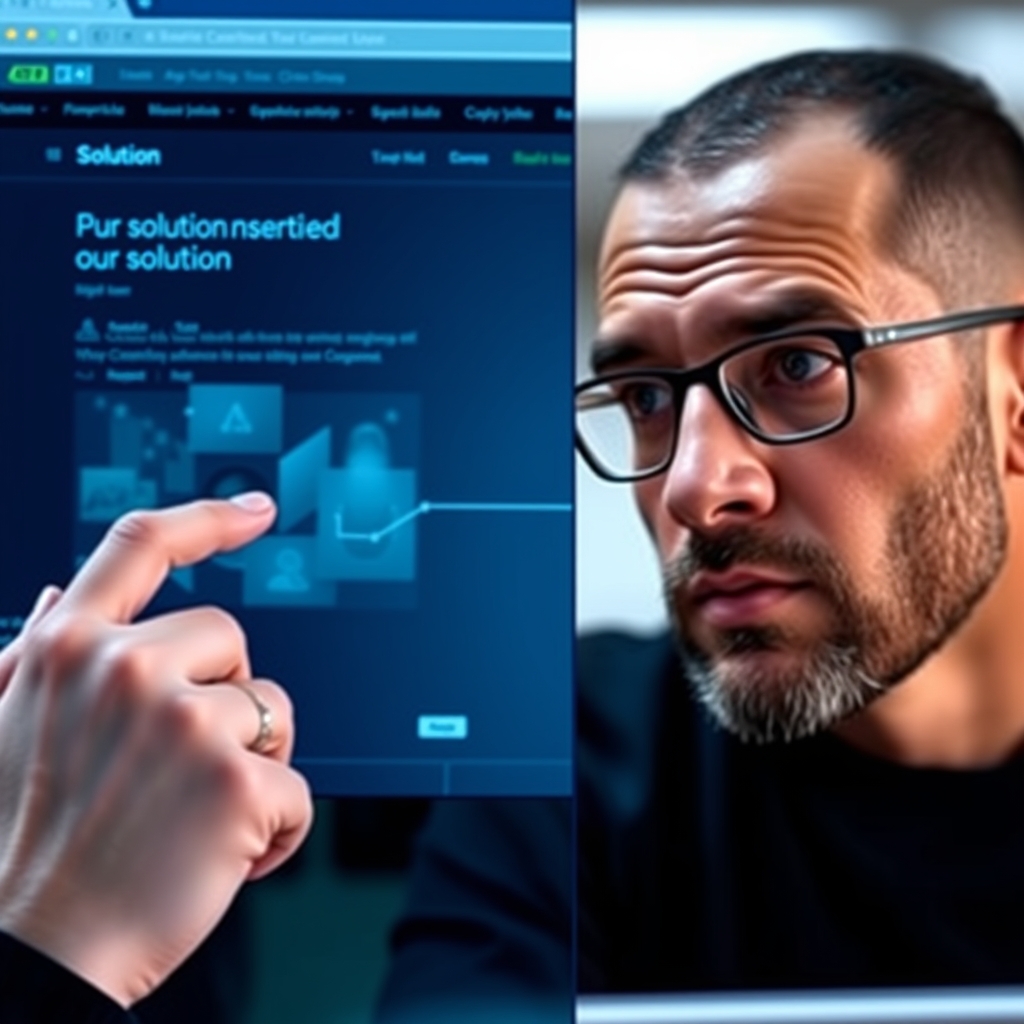 A split-screen image showing a user's thoughtful face on one side and a corresponding website interface element highlighting a solution on the other, connected by a visual path.